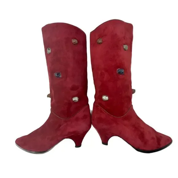 Vintage 80s La Marca Metallic Leather Knotted Suede Heeled Boots size 35 EU